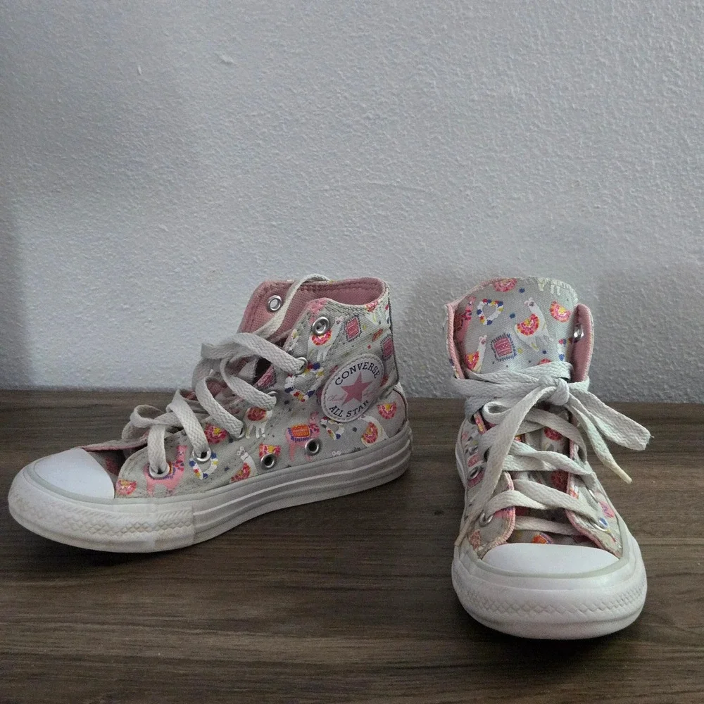 Converse Chuck Taylor All Star Llama Print High Top Sneakers Grey Pink Kids 12